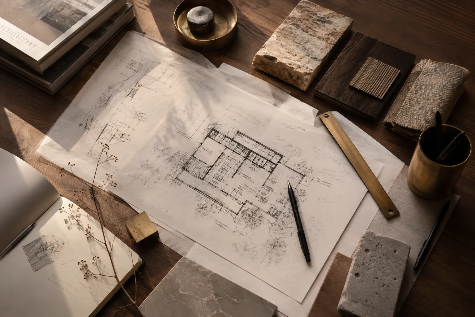 Planungstisch mit Grundrissen und Materialmustern