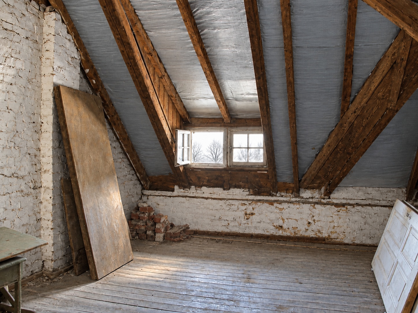Unausgebautes Dachgeschoss mit Holzdielen, Dachbalken und kleinem Sprossenfenster